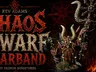 Dark background with a red and black geometric pattern. Text reads "KEV ADAMS CHAOS DWARF WARBAND DAEMON MINIATURES". On the right, a detailed miniature figure of a Chaos Dwarf with large horns, a long braided beard, and ornate armor, holding a weapon. The figure stands on a base with small grass tufts.