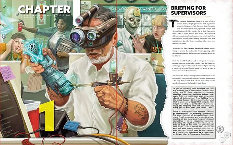 A man with gray hair and a beard, wearing augmented reality goggles, is focused on a device in his hands that emits a blue energy. He is dressed in a white shirt and is surrounded by various characters, including a zombie-like figure and a shocked woman in a yellow shirt. In the background, there are posters with "WANTED" notices, adding to the eerie atmosphere of the scene. The text on the right side provides a briefing for supervisors in the Laundry RPG.