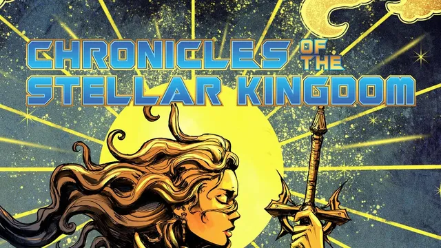 "Chronicles of the Stellar Kingdom" title, woman with long hair, sword, and cosmic background.