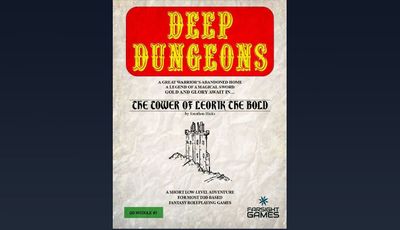 The image features the cover of the RPG adventure module titled "DEEP DUNGEONS DD1: The Tower of Leorik the Bold" by Jonathan Hicks. The cover has a textured, parchment-like background with bold red lettering for the title at the top. Below the title, a hand-drawn illustration of a tower is depicted, accompanied by the subtitle and author’s name in a smaller font. The bottom of the cover includes a green label indicating it as a short low-level adventure for fantasy roleplaying games, along with the logo of Farsight Games.