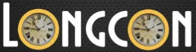 The logo for Longcon features the word "LONGCON" in bold, white letters against a dark background. Two vintage-style clocks, with yellow borders, are positioned on either side of the text, emphasizing the theme of time. The overall design conveys a sense of a relaxed, extended gaming experience, suitable for those looking to delve deeper into storytelling and character interaction over a weekend.