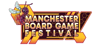 A vibrant logo for the Manchester Board Game Festival features a stylized bee holding a red dice, set against a geometric background of yellow and maroon. The text "MANCHESTER BOARD GAME FESTIVAL" is prominently displayed in bold, white letters, with a dynamic design that includes hexagonal shapes and lines. The overall aesthetic conveys a fun and energetic atmosphere, suitable for a board game event.