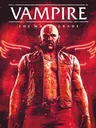 Bald man in leather vest, glowing red wings behind, text "VAMPIRE THE MASQUERADE" above.