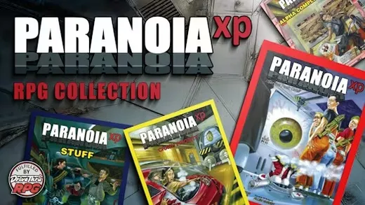 A collection of colorful PDF covers for the Paranoia XP tabletop role-playing game is displayed, featuring various illustrations that capture the game's dark humor and chaotic setting. The covers include titles like "Paranoia XP," "Stuff," and "Paranoia: The Computer," showcasing vibrant artwork with characters and futuristic elements. The background suggests a sci-fi environment, enhancing the theme of a deranged computer overseeing a failing underground city.