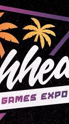 The design features the word "Beachhead" prominently in a bold, stylized font, with the phrase "TABLETOP GAMES EXPO" beneath it. Vibrant palm trees in orange and yellow are positioned above the text, set against a dark, textured background with geometric shapes in purple and pink. The overall aesthetic conveys a lively and tropical theme, suitable for a gaming event.