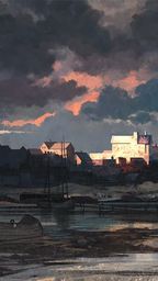 A dark and atmospheric scene depicts a calm harbor at dusk, with a weathered boat moored in the foreground. The sky is filled with dramatic clouds in shades of gray and hints of orange, reflecting the fading light. In the background, a silhouette of a decrepit town can be seen, with various buildings and masts of other boats, enhancing the sense of mystery and foreboding.