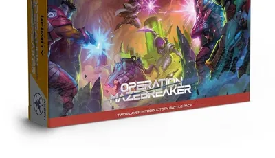 A vibrant box cover for "Operation: Mazebreaker," featuring dynamic artwork that showcases a battle scene between futuristic soldiers and robotic figures. The left side displays Nomads with cyberpunk aesthetics, while the right side features high-tech ALEPH units, all set against a colorful, abstract background filled with energy effects and sci-fi elements. The title "OPERATION MAZEBREAKER" is prominently displayed at the center, with branding for Corvus Belli's Infinity game at the top.