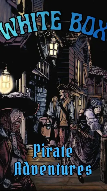 Dark alley at night with cobblestone street. Four characters: pirate with wide-brimmed hat and beard, pirate with tricorn hat, woman in lace dress with bonnet, and another woman in cloak. Lanterns illuminate the scene. Text reads: "Pirate Adventures."