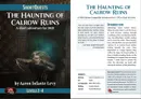 A pocket-sized book titled "The Haunting of Calrow Ruins," designed for Dungeons & Dragons, features a ghostly figure on the cover, set against a dark, eerie background. The left side includes the title and author, Aaron Infante-Levy, along with a brief description of the adventure's theme. The right side provides an introduction and credits, detailing the adventure's compatibility with D&D 5th Edition and its intended player levels of 2-4.