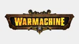 The image features the logo for "Warmachine," prominently displayed with bold, fiery orange letters against a textured black and gold background. Above the text, there are mechanical elements, including pipes and gears, adding to the industrial theme of the Iron Kingdoms. The overall design conveys a sense of power and excitement, fitting for a tabletop gaming experience.
