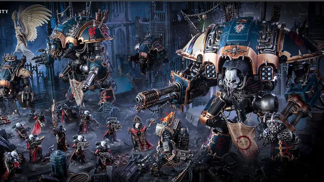 A dramatic scene showcases two imposing Chaos Knights, the Knight Ruinator and Knight Abominant, towering over a battlefield littered with detailed miniatures. The Knights feature intricate designs, with one adorned in dark metallic colors and the other showcasing a mix of blue and gold accents. Surrounding them are various smaller figures in red cloaks, wielding weapons, set against a backdrop of gothic ruins and atmospheric lighting.