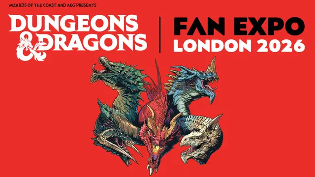 A striking graphic features a fierce, multi-headed dragon with vibrant colors, set against a bold red background. The text prominently displays "Dungeons & Dragons" at the top, followed by "FAN EXPO LONDON 2026" in large, bold letters. The design emphasizes the excitement of the upcoming event, highlighting the partnership between Wizards of the Coast and AEG Presents.