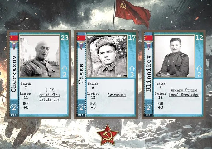 Three vertical cards from a wargame. From left to right:

Card 23: A head-and-shoulders portrait of a man in a military uniform. Below the portrait, white text on a light background reads "2 CX Squad Fire Battle Cry".

Card 17, titled "Tisse": A head-and-shoulders portrait of a man in a military cap and uniform. Below the portrait, white text on a light background lists attributes: "Health 6 Loadout 12 HtH +0 Awareness".

Card 17, titled "Blinnikov": A head-and-shoulders portrait of a man in a military uniform. Below the portrait, white text on a light background lists attributes: "Health 5 Loadout 12 HtH +0 Arcane Local".

Each card has a small red flag with a yellow hammer-and-sickle emblem at the top, and a blue vertical stripe on the left edge. In the background, a red flag with the same emblem flies against a cloudy sky. At the bottom center of the image is a red star with the hammer-and-sickle emblem.