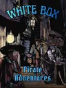 Dark alley at night with cobblestone street. Four characters: pirate with wide-brimmed hat and beard, pirate with tricorn hat, woman in lace dress with bonnet, and another woman in cloak. Lanterns illuminate the scene. Text reads: "Pirate Adventures."