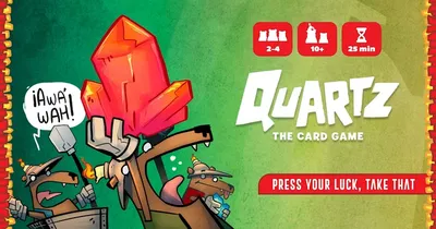 Cartoon gnome in armor holding a red crystal, text "Quartz THE CARD GAME PRESS YOUR LUCK"