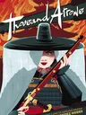 Woman in samurai armor and large hat holding a rifle, text "Thousand Arrows" above.