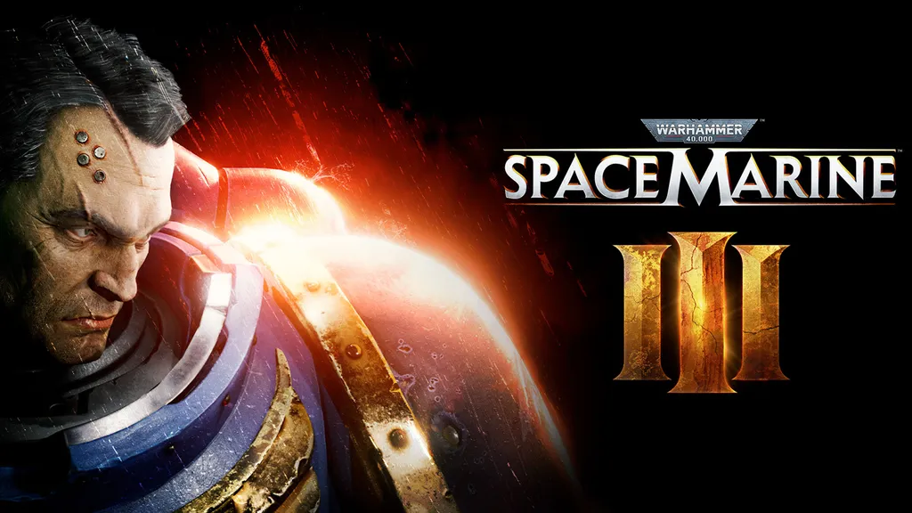 A close-up of a stern-looking Space Marine character, showcasing intricate details on his armor and facial features. The character has a rugged appearance with a prominent brow and several mechanical implants on his head, set against a dark, fiery background that enhances the dramatic effect. The image emphasizes the character's intense expression and the metallic textures of his blue and gold armor.