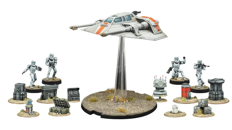 The image features a T-47 Airspeeder model elevated on a clear stand, showcasing its sleek design with an orange stripe. Surrounding the airspeeder are four Clone Trooper miniatures in white armor, posed in action stances. Additionally, several detailed objective tokens are displayed, including canisters and various tech devices, all set on a textured base with patches of grass and gravel.
