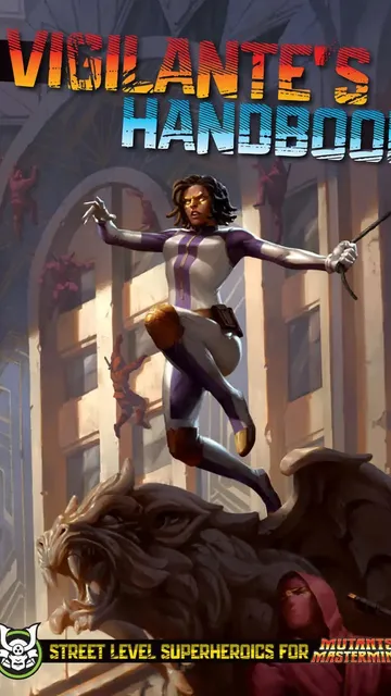 A superhero in a blue and purple bodysuit with a cape stands on a rooftop, holding a sword. Below, a large dark creature with horns and wings attacks a person in a red jacket. The background shows a dimly lit, rainy urban setting with a building facade.