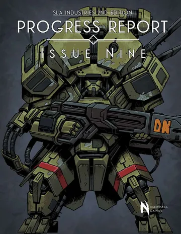 Green armored mech with red accents, holding a large gun labeled "DN". Text above: "PROGRESS REPORT ISSUE NINE".