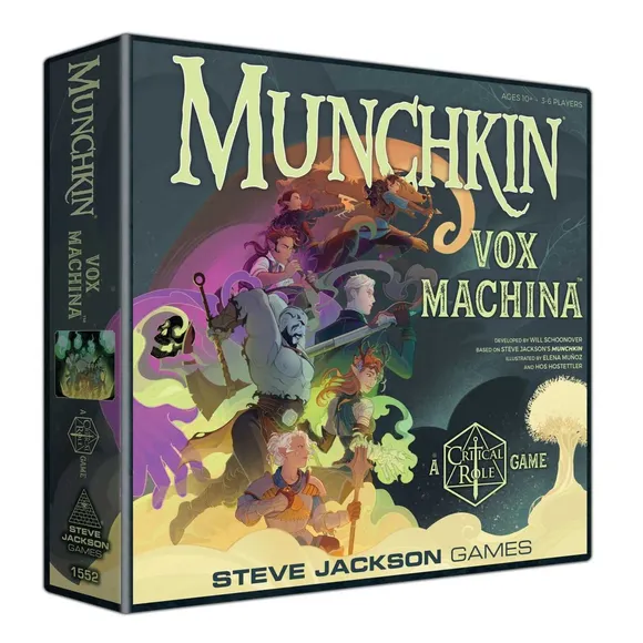 Box for the card game "Munchkin Vox Machina" by Steve Jackson Games. The cover art depicts a group of seven fantasy characters standing on a cloud, holding weapons and items, with colorful magical effects and a skull floating nearby. The title "MUNCHKIN" is prominently displayed in large yellow letters at the top, with "VOX MACHINA" in smaller white letters below. The bottom right corner features the Critical Role logo and the text "A Critical Role GAME". The bottom center reads "STEVE JACKSON GAMES". The left side of the box shows the Steve Jackson Games logo and the number "1552". The top right corner indicates "AGES 10+ 3-6 PLAYERS". The bottom left corner credits the developer, basis, and illustrators.