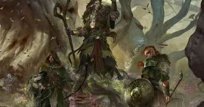 "Beyond the Woods" text above a forest scene with three figures: one with antlers, one with a staff, one with a shield.