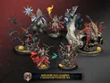 A collection of intricately designed miniatures from the Khador Old Umbrey Command Starter Set is displayed against a dark background. The set features several characters, including a witch with a fiery hand, a cloaked figure wielding a staff, and a fierce warbeast resembling a dragon. The miniatures are detailed with vibrant colors and textures, showcasing elements like flowing robes, twisted branches, and mystical symbols, all set on bases adorned with grass and stones. A banner at the bottom identifies the set as the "KHADOR OLD UMBREY COMMAND STARTER SET."