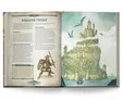 Open book showing illustrated fantasy city on a cliff with flying birds, a castle, and a warrior with sword and shield.