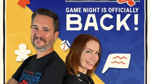 Felicia Day and Wil Wheaton with "CONLUDO GAME NIGHT IS OFFICIALLY BACK!" and game icons.