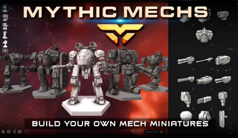 Four detailed mech miniatures are displayed prominently against a vibrant, cosmic background. The mechs vary in design, showcasing different styles and features, with one in the foreground standing on a hexagonal base. To the right, a selection of mech parts and weapons is visible, emphasizing the customization options available. The title "MYTHIC MECHS" is boldly featured at the top, along with the tagline "BUILD YOUR OWN MECH MINIATURES" at the bottom.