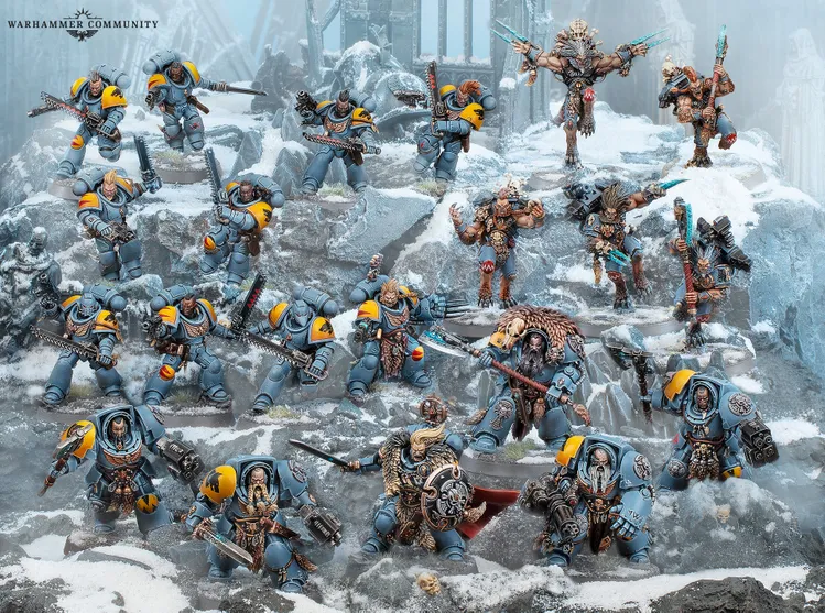 A dynamic scene showcases a variety of tabletop miniatures set against a snowy, rocky terrain. Prominent figures include Space Wolves in blue armor with yellow accents, wielding various weapons, alongside a few fierce-looking characters with distinct features and armor details. The composition highlights a mix of infantry and larger models, creating a sense of action and readiness for battle.