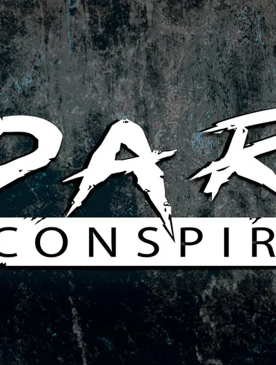 The image features the title "DARK CONSPIRACY" prominently displayed in a bold, stylized font. The word "DARK" is rendered in a jagged, distressed style, suggesting a sense of danger and intrigue, while "CONSPIRACY" is presented in a clean, straightforward font beneath it. The background has a textured, dark surface with hints of blue and gray, enhancing the ominous atmosphere associated with the game.