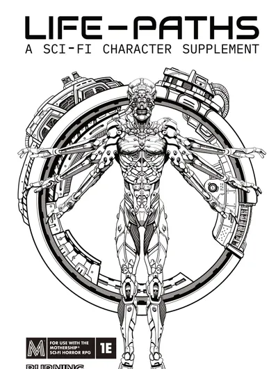 A detailed black-and-white line drawing of a humanoid figure with a skeletal, cybernetic appearance. The figure stands front-facing within a circular frame resembling a mechanical or technological structure. Its body combines organic bone and muscle with mechanical components: exposed ribs, spine, and limbs are interwoven with pipes, gears, and robotic joints. The head is skull-like with hollow eye sockets and a gaping mouth. The arms extend outward, ending in clawed hands, while the legs are positioned apart, anchored to the circular base by mechanical supports. At the bottom of the image, inside a black rectangular box, white text reads: "FOR USE WITH THE MOTHERSHIP 1E".