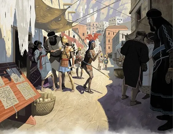 A bustling medieval street market in a walled city. People in period clothing—some in tunics, others in cloaks—gather around a vendor’s table displaying wooden items with carved runes. A man in a red feathered hat holds a scroll, while others converse or browse.