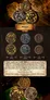 Six metal coins labeled "Ninja" coin set, arranged in two rows of three. Top row: gold, silver, and bronze coins with ninja-themed designs. Bottom row: similar coins with detailed engravings. Text reads "Ninja" at top, "FRONT" and "BACK" beside rows, and "29 mm," "27 mm," "24 mm" below each column.