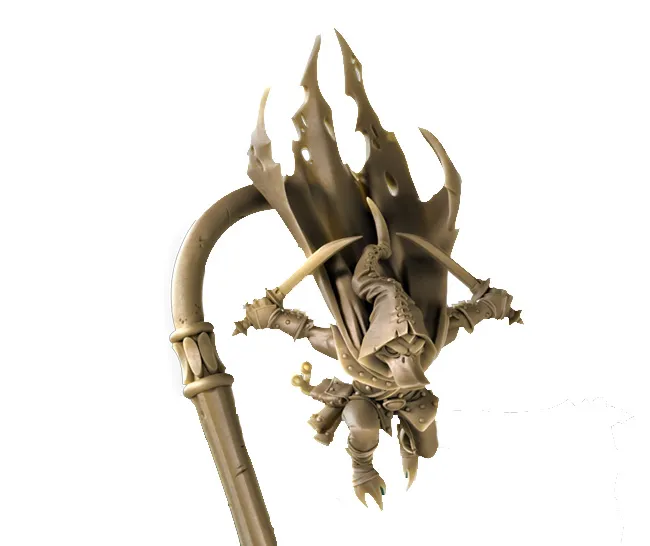 A dynamic miniature of a Mallard Assassin is depicted, featuring a cloaked figure with a flowing cape and a menacing stance. The character is poised mid-action, gripping a staff with one hand while brandishing a weapon in the other. The model is presented in a neutral color, highlighting its intricate details and design elements.