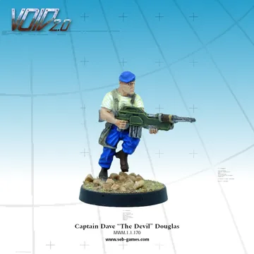 A miniature figure of Captain Dave “The Devil” Douglas stands in a dynamic pose, holding a large green weapon. He is dressed in a white shirt and blue pants, with a blue cap on his head, and is positioned on a round base adorned with small rocks. The background features a light blue grid pattern, emphasizing the figure's details.