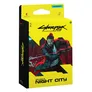 A brightly colored packaging for the Cyberpunk Trading Card Game features a striking illustration of a character wielding a katana, set against a vibrant yellow background. The text "WELCOME TO NIGHT CITY" is prominently displayed at the bottom, along with the game's title and branding. The top of the box indicates that it contains the "ARASAKA DECK," suggesting a focus on the Arasaka corporation within the game.