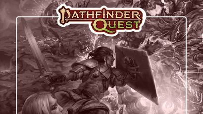 A dynamic illustration features a fierce battle scene from Pathfinder Quest, showcasing a warrior in armor wielding a sword and shield, engaged in combat against a chaotic backdrop of swirling magical energy and monstrous foes. In the foreground, an elf character looks on, adding to the sense of urgency and adventure. The title "Pathfinder Quest" is prominently displayed at the top in a bold, stylized font.