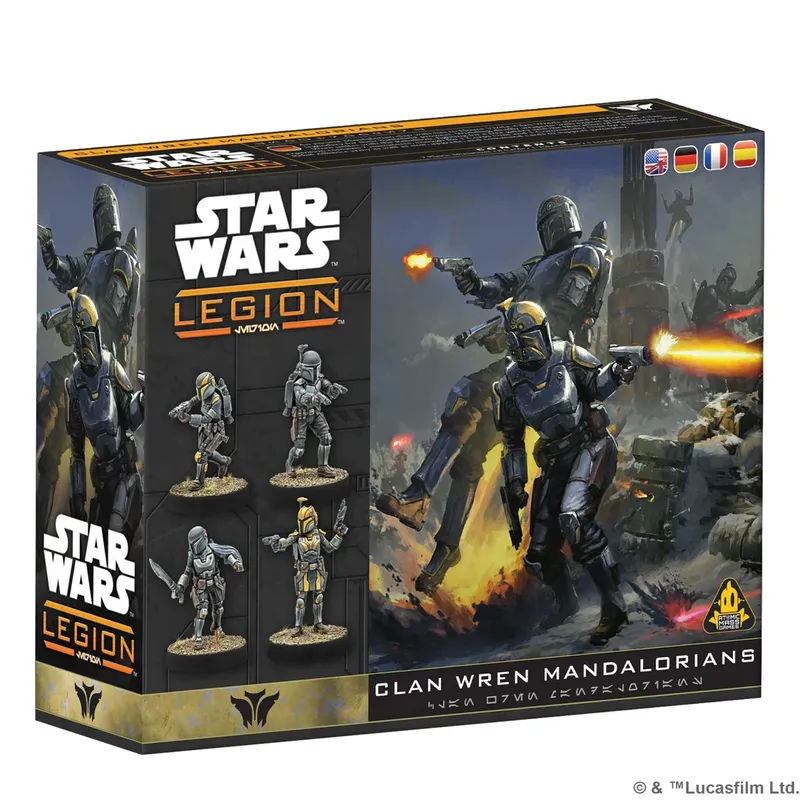 A box set for the "Clan Wren Mandalorians" from the Star Wars: Legion miniatures game, featuring artwork of Mandalorian warriors in action. The box displays four miniatures on the left, showcasing their distinct armor and weapons, while the right side features a dynamic illustration of a Mandalorian firing a weapon amidst a battle scene. The packaging includes the "STAR WARS: LEGION" logo prominently at the top and details about the set at the bottom.