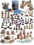 A diverse array of miniatures and game components for the tabletop wargame "Hardwar" is displayed. The collection includes various mechs, tanks, and vehicles in 6mm scale, alongside infantry figures and detailed buildings such as power stations and farms. Game elements like tokens, dice, and cards are also present, all set against a backdrop of vibrant colors and distinct designs that reflect the unique aesthetics of the different factions.