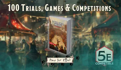 A book titled "100 Trials, Games & Competitions" is prominently displayed in the foreground, featuring a colorful cover illustration depicting a lively competition scene with numerous spectators. The background shows a festive atmosphere with blurred figures and decorations, suggesting a vibrant event. The title and the publisher's name, "Paws for Effect," are artistically integrated into the design, enhancing the overall theme of games and challenges.