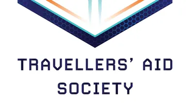 Image showing the Logo of the Travellers' Aid Society which is a Free Trader in flight in a hexagonal frame