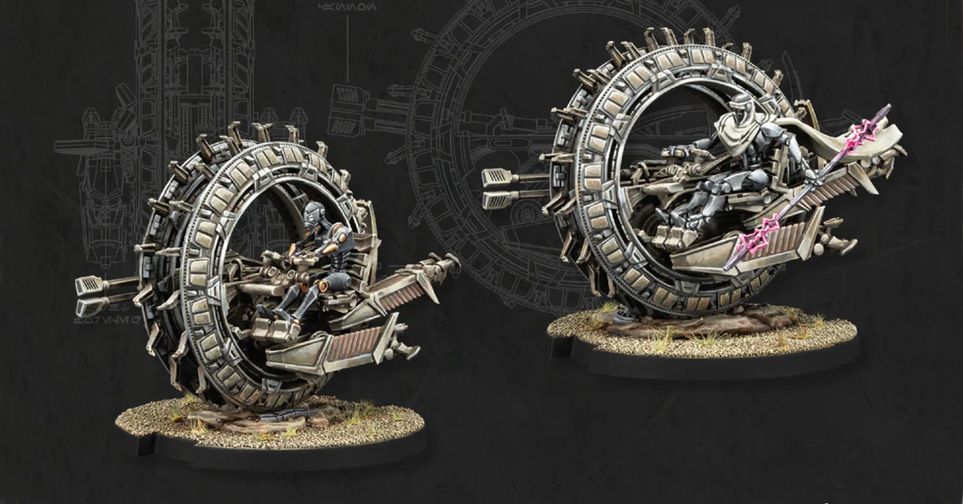 Two detailed miniatures of the TEMU-6 Personal Wheel Bike are displayed against a dark background featuring technical sketches. Each bike has a large, circular wheel with a rugged tread, and is equipped with various weaponry, including a prominent blaster on the front. One bike has a seated droid pilot, while the other features a droid in a more aggressive pose, showcasing the vehicles' sleek and menacing design.