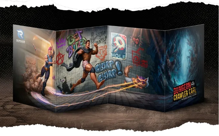 A three-panel GM screen features vibrant artwork from the Dungeon Crawler Carl universe. On the left, a female character in a blue outfit stands confidently, while the central panel depicts a muscular male character in a humorous pose, wearing only a pair of shorts and running through a dungeon. The right panel showcases a whimsical creature, possibly Princess Donut, alongside colorful graffiti and the title 