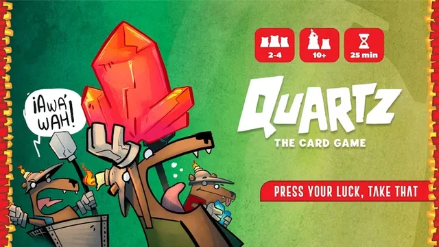 Cartoon gnome in armor holding a red crystal, text "Quartz THE CARD GAME PRESS YOUR LUCK"