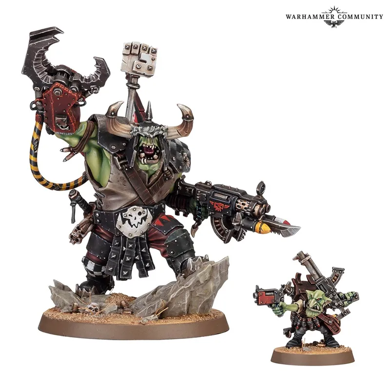 Green orc miniatures with armor, weapons, and a skull emblem on rocky bases.