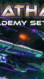 A dynamic space scene features several starships engaged in combat, with vibrant colors and explosive effects in the background. The foreground prominently displays the title "LEVIATHAN ACADEMY SET" in bold, stylized lettering. The ships are designed with intricate details, showcasing a futuristic aesthetic that reflects the game's theme of starship warfare.
