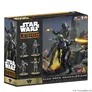 A box set for the "Clan Wren Mandalorians" from the Star Wars: Legion miniatures game, featuring artwork of Mandalorian warriors in action. The box displays four miniatures on the left, showcasing their distinct armor and weapons, while the right side features a dynamic illustration of a Mandalorian firing a weapon amidst a battle scene. The packaging includes the "STAR WARS: LEGION" logo prominently at the top and details about the set at the bottom.