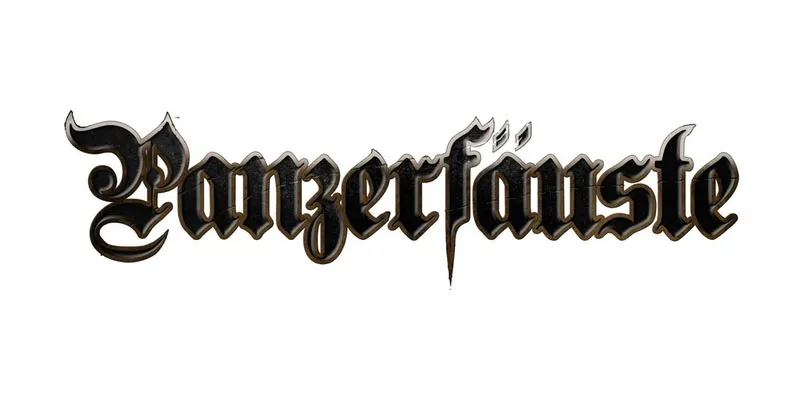 The logo for "Panzerfäuste" features the game's name in an ornate, gothic-style font. The letters are predominantly black with a slight metallic sheen, giving it a bold and striking appearance. The design includes sharp edges and flourishes, particularly on the letters "ä" and "f," which add a sense of fantasy and drama to the overall look. The logo is set against a plain white background, enhancing its visibility and impact.